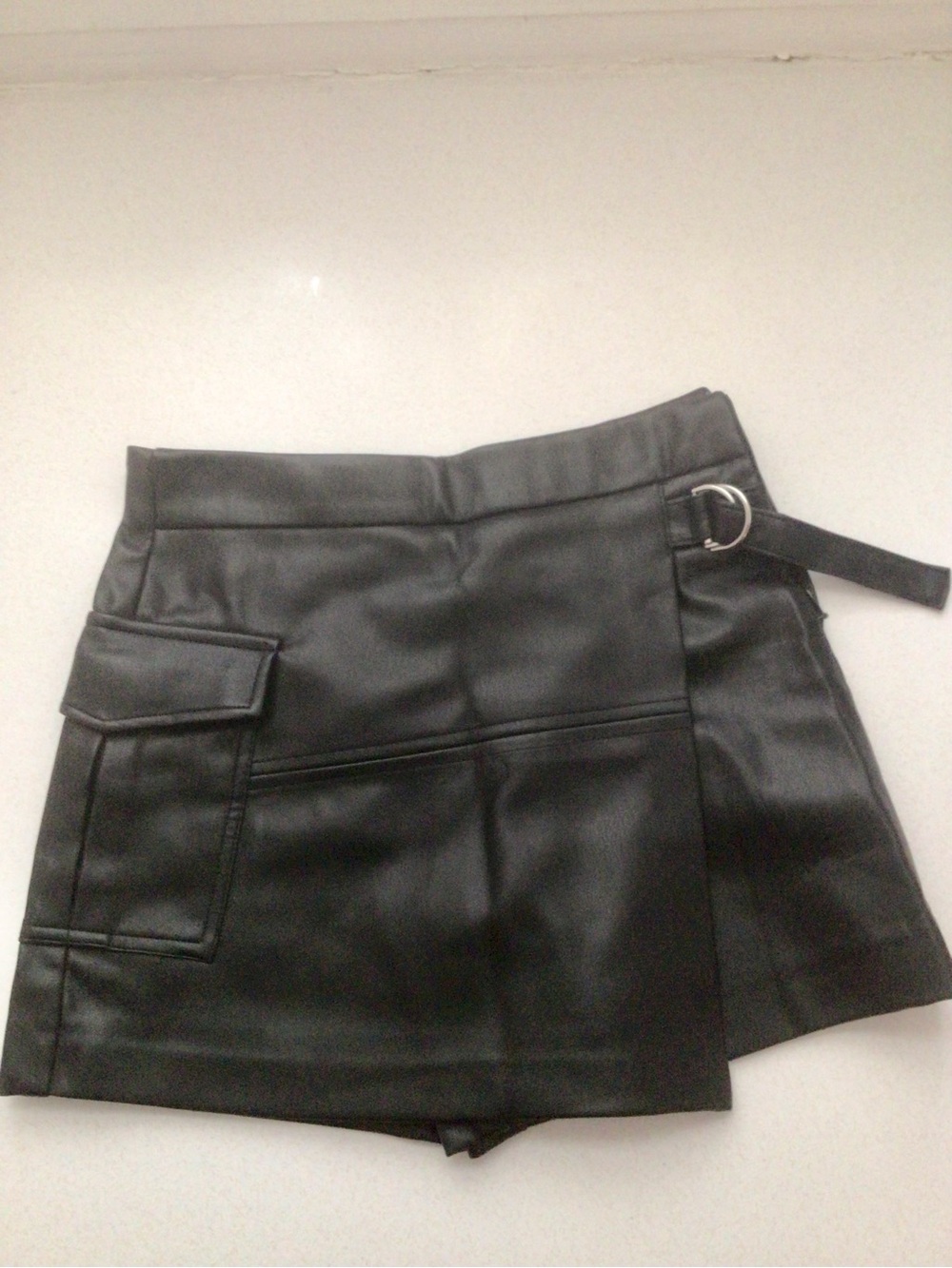 Zara Black Faux Leather Wrap Skort with D-Ring Detail